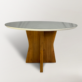Mesa Isa redonda- Base laminada e tampo com MDF e vidro