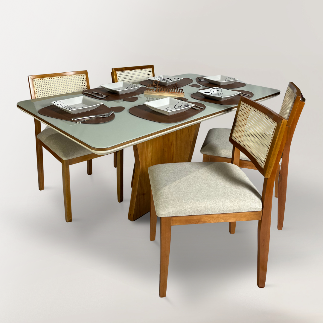 Conjunto Mesa Isa e 6 Cadeiras Estrela de Madeira maciça e encosto com Rattan Natural