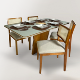Conjunto Mesa Isa e 6 Cadeiras Estrela de Madeira maciça e encosto com Rattan Natural